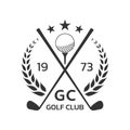 Golf club logo, badge or icon with crossed golf clubs and ball on tee. Vector illustration. Royalty Free Stock Photo